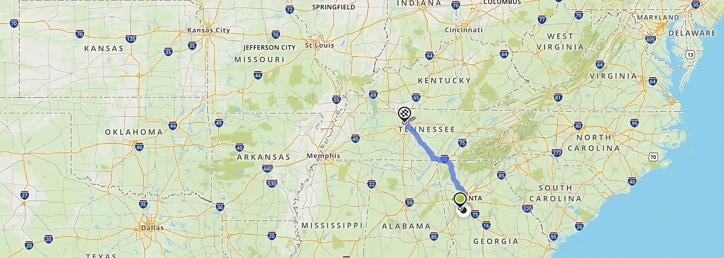 mapa podróż przez stany USA trasa Atlanta-Nashville stany Georgia, Alabama, Tennessee