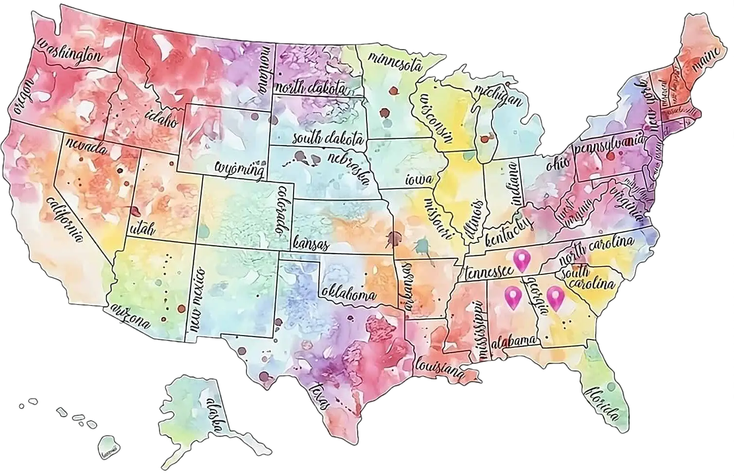 mapa podróż przez Stany Zjednoczone-stany-USA-Georgia-Alabama-Tennessee
