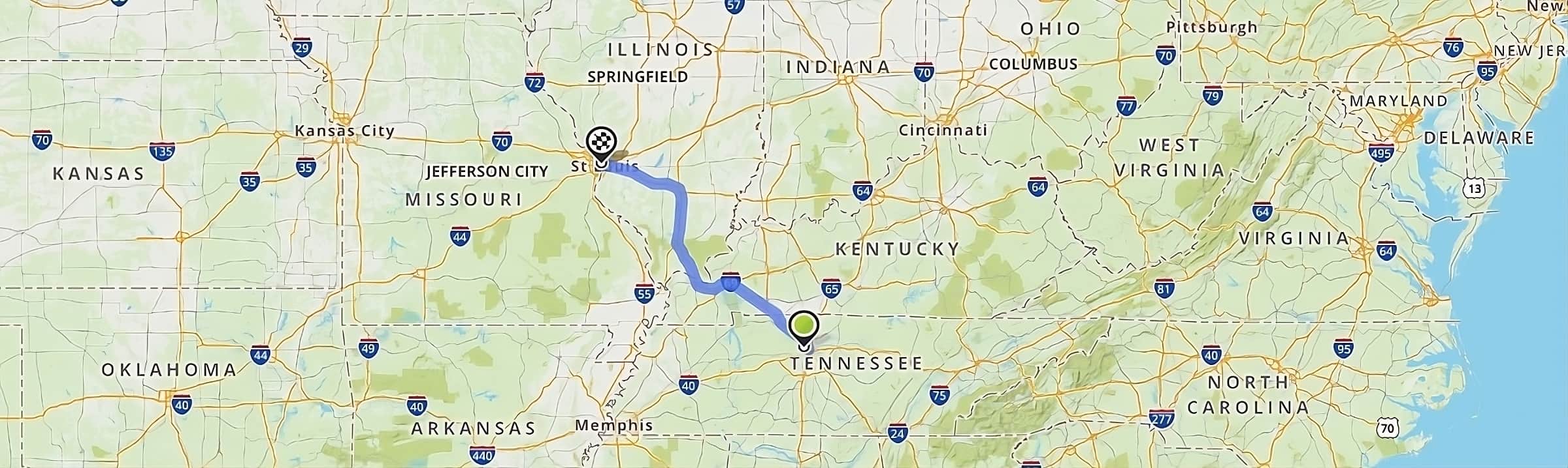 trasa na mapie z Nashville do Saint Louis podróż przez Stany Zjednoczone-stany USA-Tennessee Kentucky Illinois Missouri